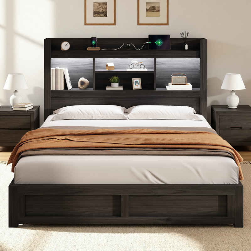 Cadre de lit Coey Queen Size avec 4 tiroirs de rangement, noir, Grand, Noir