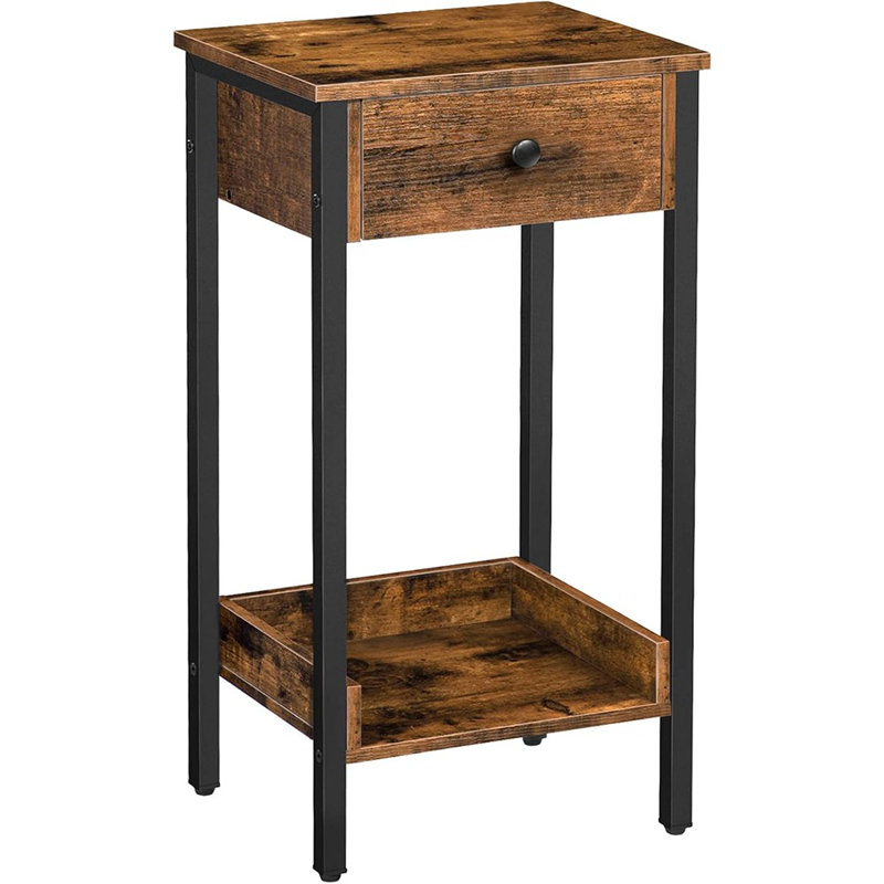 Table de bout haute, table de chevet, table d'appoint industrielle avec tiroir et tablette de rangement, pour bureau, chambre à coucher, peu encombrante, brun rustique et noir BF71BZ01