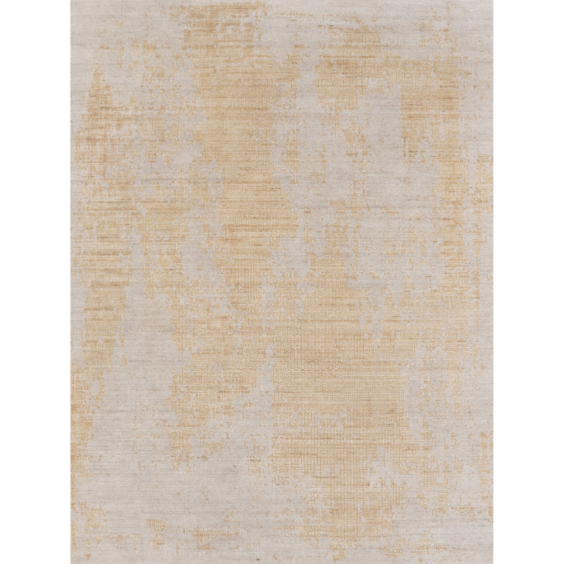 Tapis beige et doré de haute qualité noué à la main, Rectangle 6 pi x 9 pi