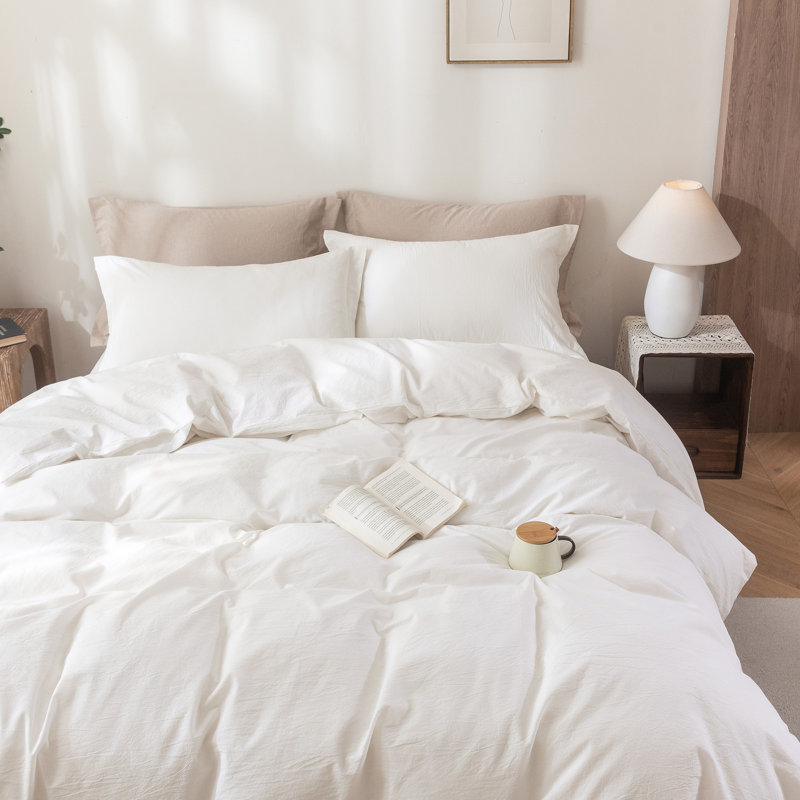 Solayne 100% Washed Cotton Duvet Cover Set with Faux Hemp Texture, Solid Color, Zipper Closure and Corner Ties, Milky White