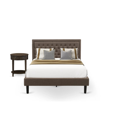 Ensemble de lit 2 pièces pour grand lit - 1 grand lit rembourré en tissu de lin brun et tête de lit capitonnée à boutons avec 1 table de chevet en bois - Table de chevet à finition jacobine patinée