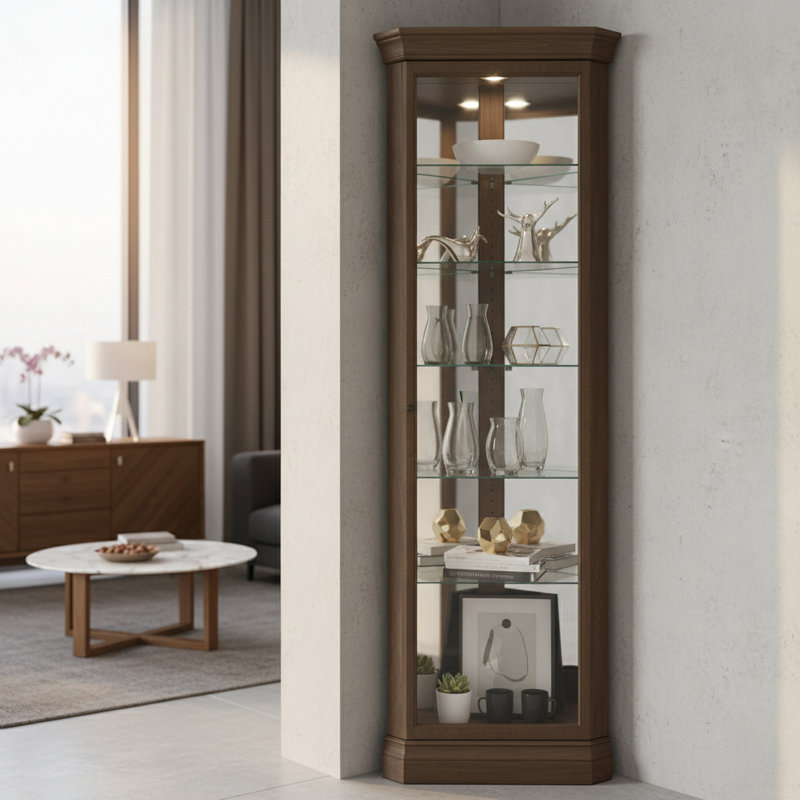 Delia Solid Wood Lighted Curio Cabinet, Brown