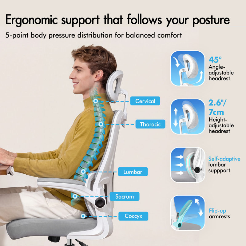  Mesh Office Chair Ergonomic Headrest Swivel Tilt Gas Lift Desk Gaming, Grey, White