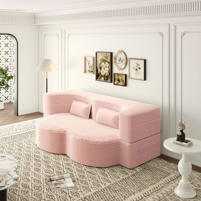 Modern Floor Sofa With 2 Pillows,Convertible Plush Corduroy Foam-Filled Sleeper Sofa Bed,15" Full Size Folding Mattress For Living Room,Guest Bed,No Assembly Required