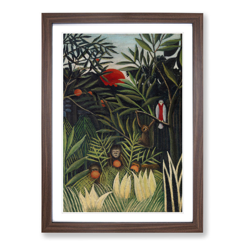 Monkeys and Parrot in the Virgin Forest by Henri Rousseau - Picture Frame Painting, Walnut, 65cm H x 48cm W x 2cm D