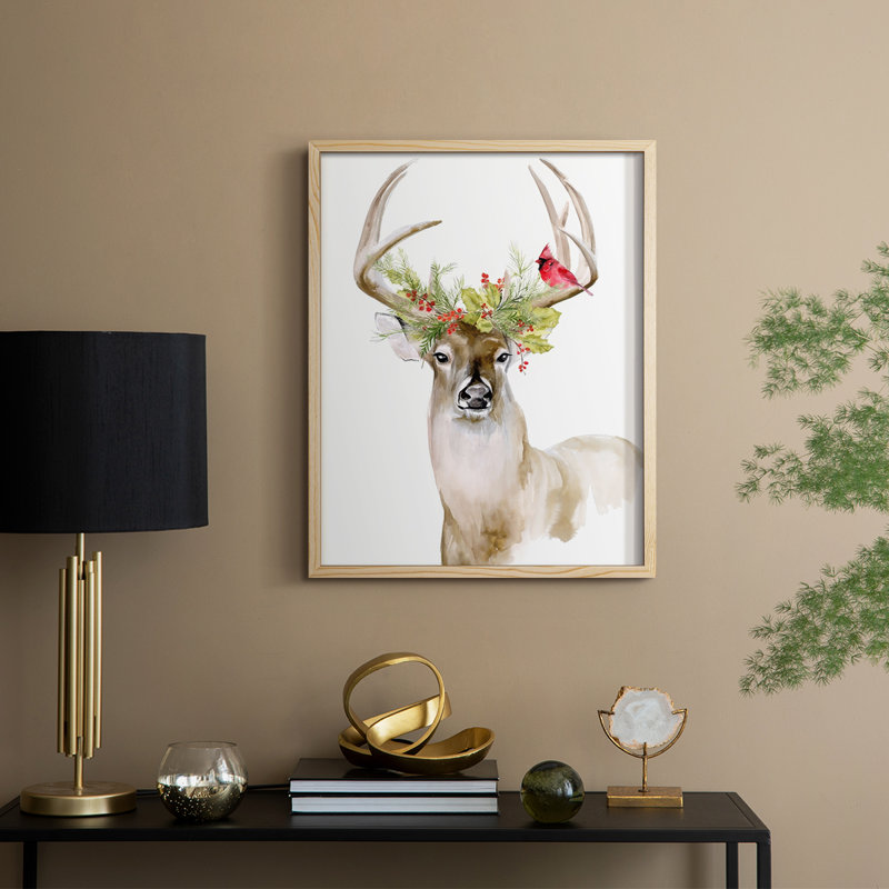 «Holiday Deer I», reproduction encadrée - bois massif, H 30 po x l 24 po, Naturel