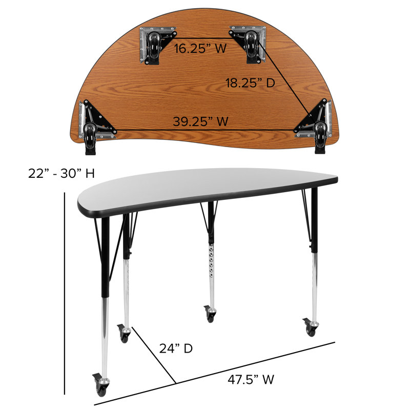 Goddard Half Circle Wave Collaborative Adjustable Height Activity Table, 24"W x 47.5"D x 21.25" - 30.25"H, No, Grey