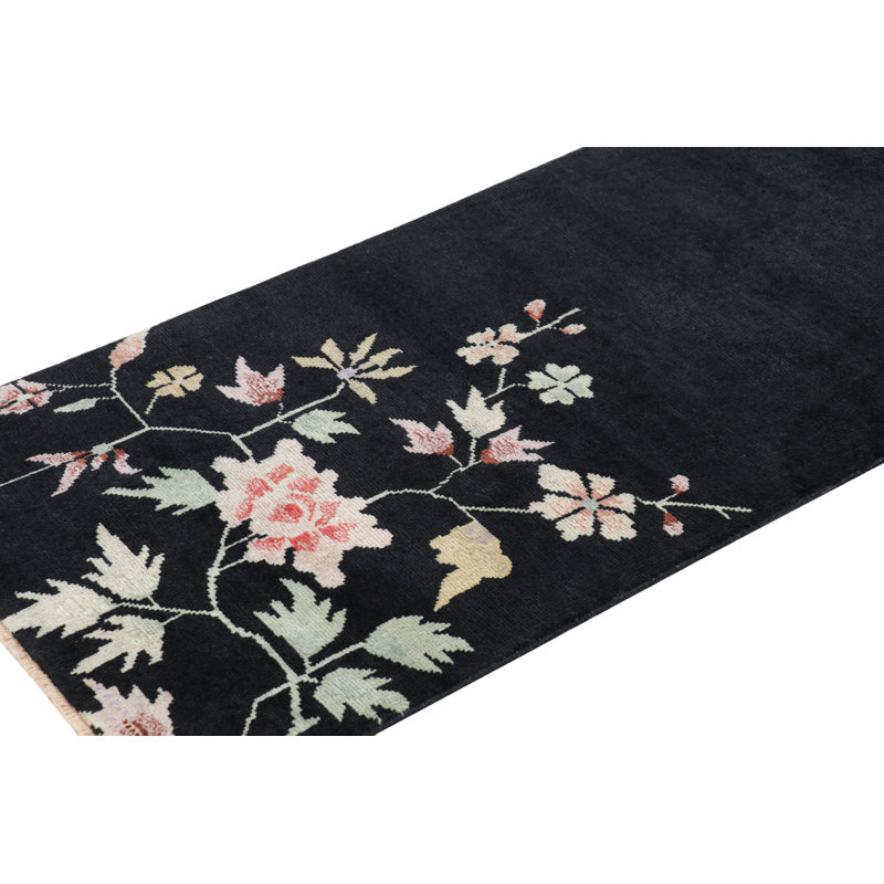 Rug & Kilim’S Chinese Art Deco Style Runner In Black With Colorful Florals
