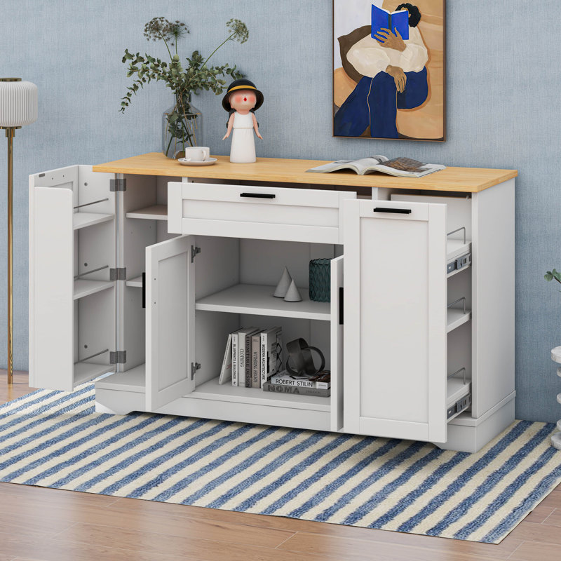 Multi-Functional Storage Sideboard,Extendable Dining Table, Adjustable Shelves,3-Tier Pull-Out Rack, White