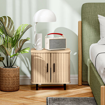 HOMCOM Nightstand with Sliding Doors and Metal Legs Oak Tone