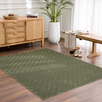 Kwan Machine Washable Checkered Geometric Green Area Rug