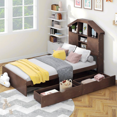 Twin Size Wood Platform Bed With House-Shaped Storage Headboard And 2 Drawers -  Harper Orchard, 5C33F9D6202844EFAEC2DF40D4D10109