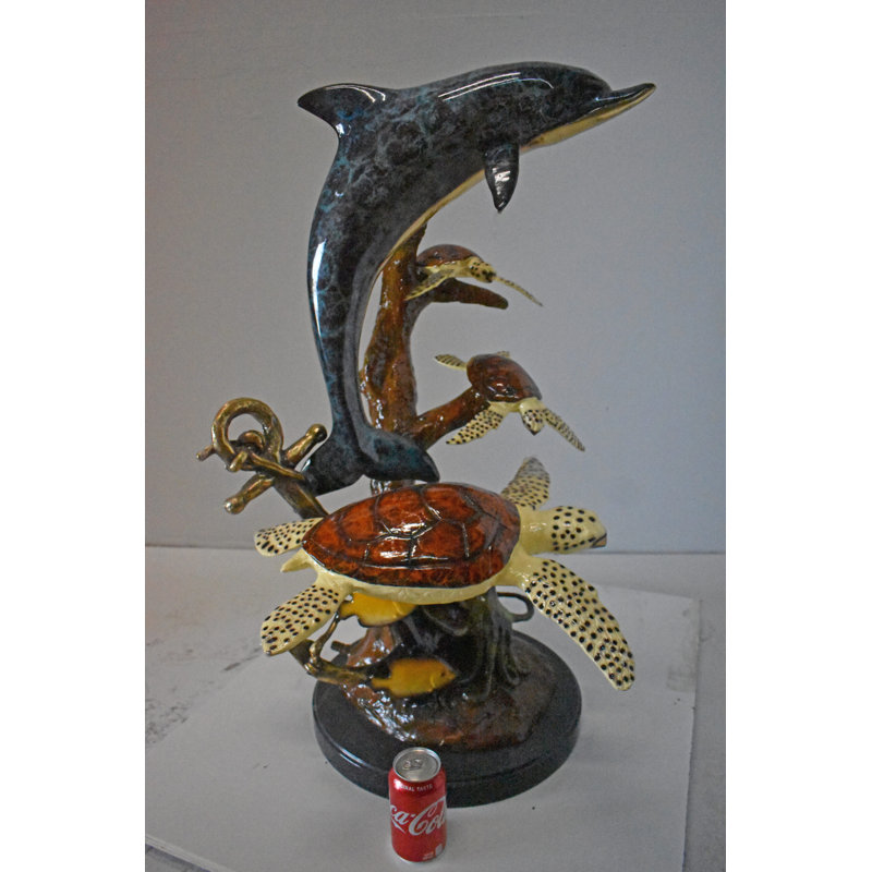 Alfano Dolphin with Three Turtles Bronze Statue Fountain - Size: 23"L x 22"W x 35"H.