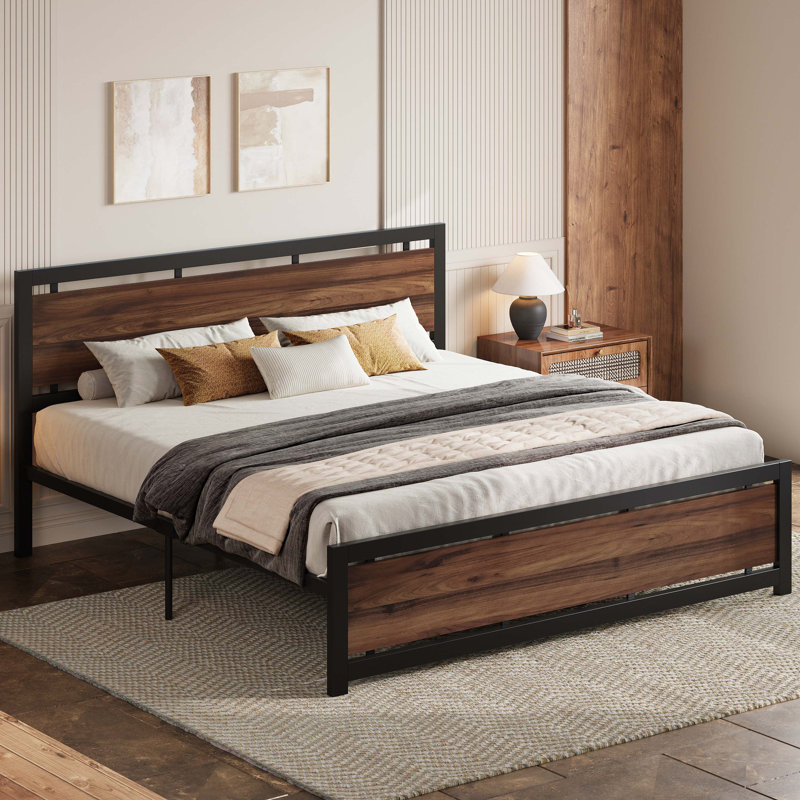 Bed Frames with Headboard and Strong Metal Support Frame, Easy Assembly, Noise-Free, California King, Walnut