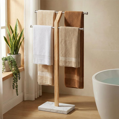 41in Adjustable Width Freestanding Towel Rack, 18/8 Stainless Steel Wood Double Bar with 3X Thick Weighted Marble Base