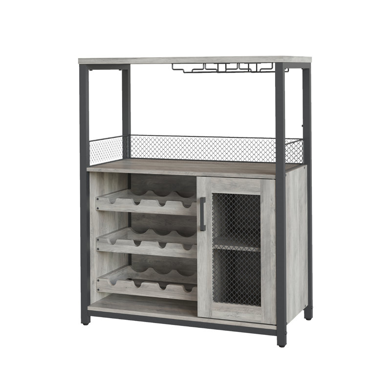 Armoire à vin industrielle avec support pour 12 bouteilles et porte-verres, armoire à alcool pour la cuisine et la salle à manger, buffet à porte en filet, gris