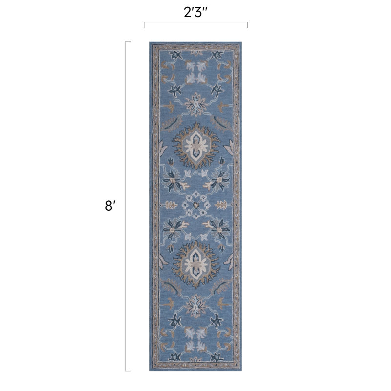 Greer Hand Tufted Wool Floral/Oriental Area Rug in Denim/Brown/Cream/Tan/Teal, Runner 2'6" x 8'