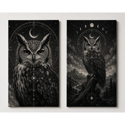 Grand ensemble de 2 impressions murales mystiques sur chouette mystique, phase de lune gothique pour chambre à coucher, méditation, impression sur toile 16 x 24 pouces - prête à être accrochée