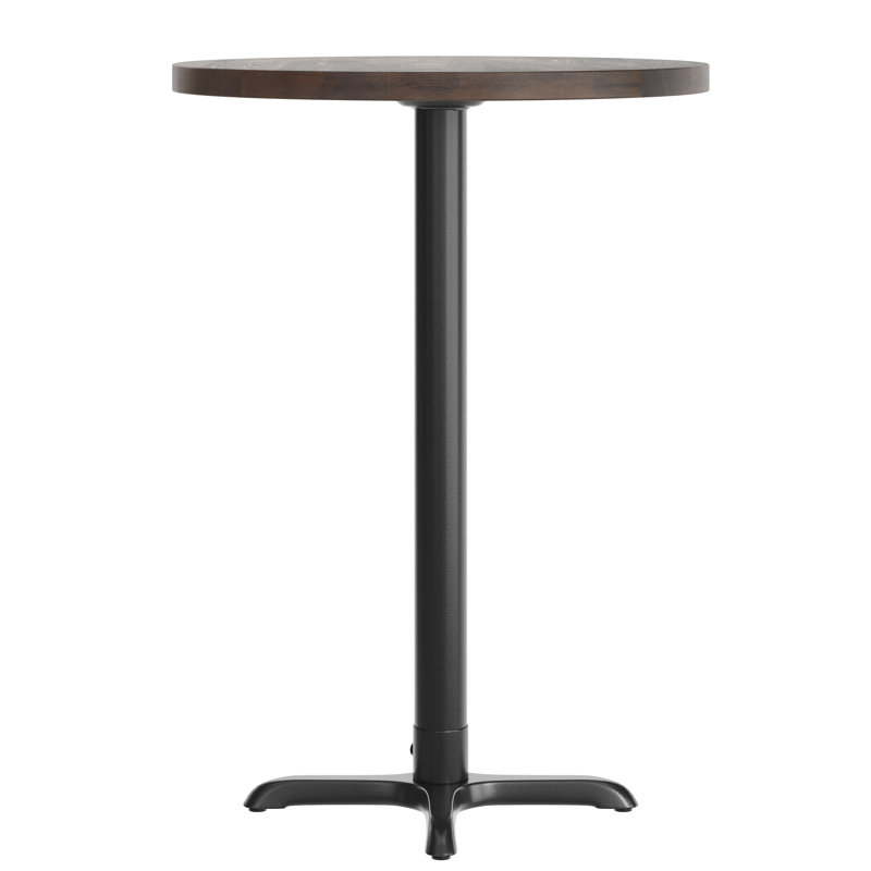 Round Solid Wood Commercial Tabletop with Bar Height X-Base, 43.5"H x 30"L x 30"W, Black, Dark Brown Wood