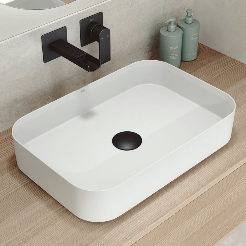 VIGO UltraThin™ 21-in L x 14-in W Matte White Matte Stone™ Vessel Rectangular Minimalist Bathroom Sink