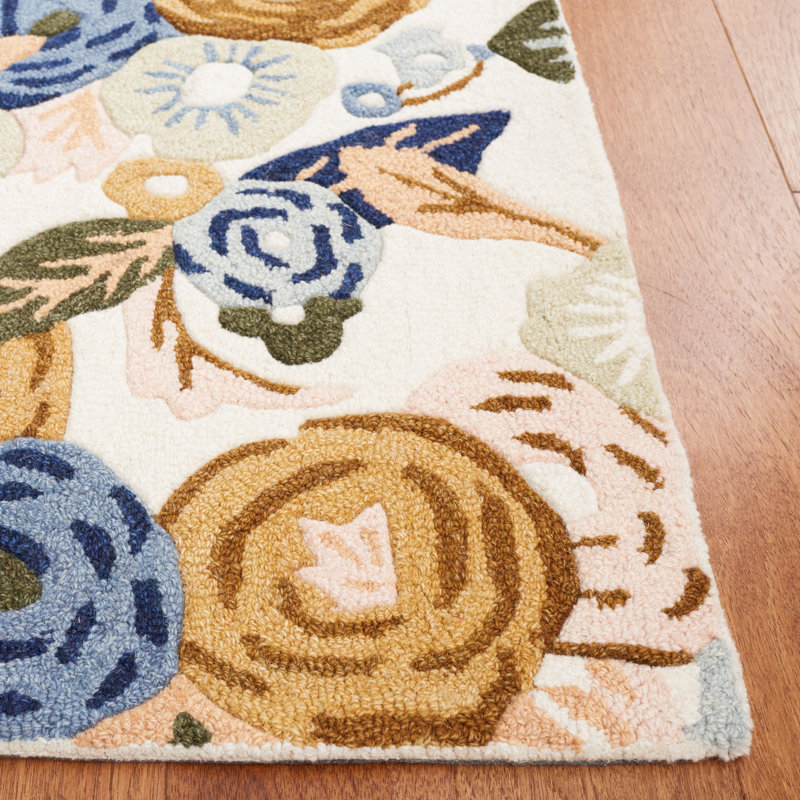 Ivory and Blue Floral Handmade Wool Rug, 3' x 5'