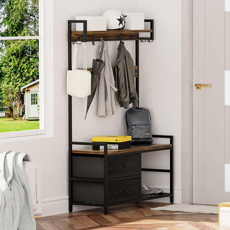 Arbre d'entrée l 33,1 po avec 2 tiroirs mobiles, rangement pour chaussures, tablettes, 23 crochets et supports à vêtements