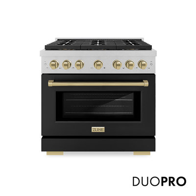 ZLINE Autograph Edition 36 in. 5.2 cu. ft. Paramount Dual Fuel Range W/ 6 Burner DuoPro Cooktop and Electric Convection Oven in Satin Stainless Steel W/ Black Matte Door and Champagne Bronze Accents