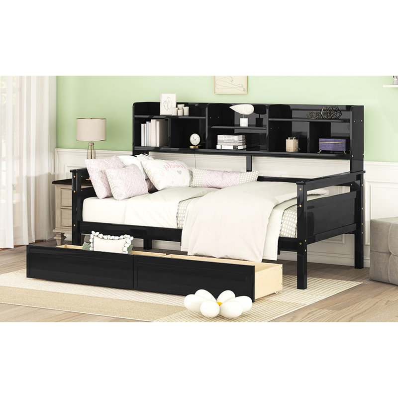 Twin Daybed With Finish, Strong Wood Slats, And Storage Facilities -colored Solid Frame, Bedside Shelves, Two Drawers, Twin