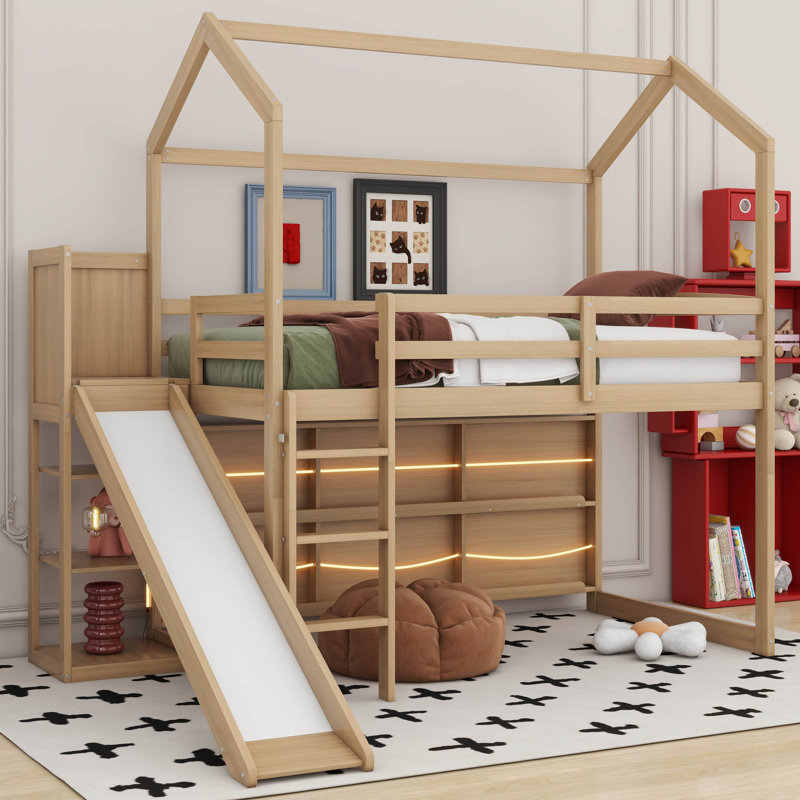 Twin Size Wood House Loft bed with Slide, Storage shelves and Light, Wood