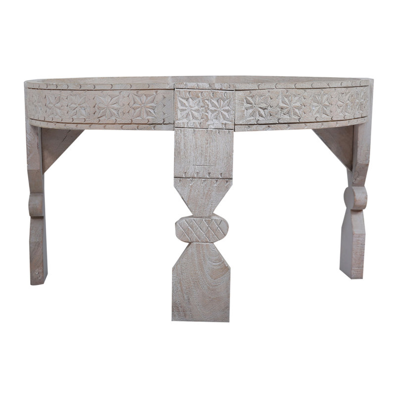 Table basse ronde en bois faite à la main Maven Lane Ananya Heritage, finition blanche