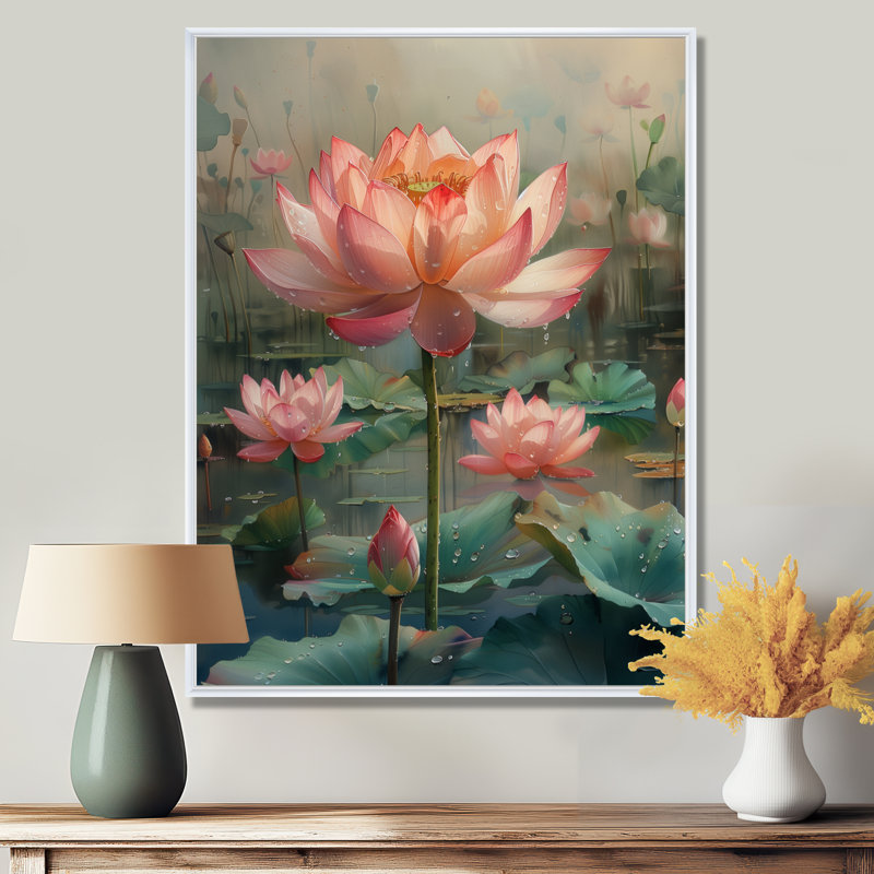 Rose rose vert sacré Bloom S - décoration murale Lotus, Cadre flottant blanc, H 34 po x l 44 po