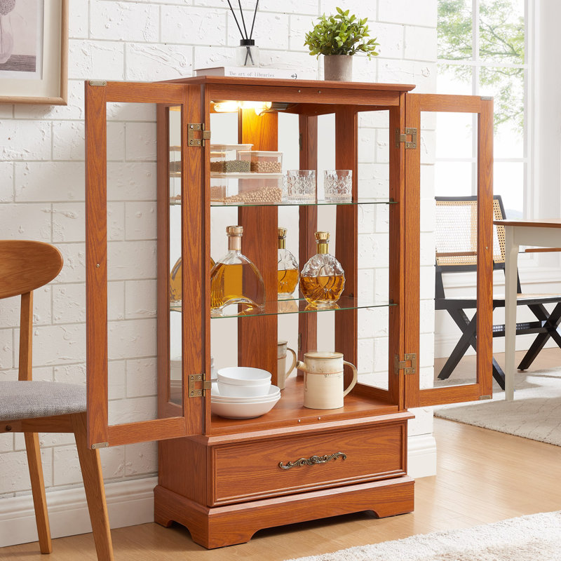Vitrine de rangement compacte en bois aggloméré et verre avec éclairage intérieur et tablettes réglables Curio