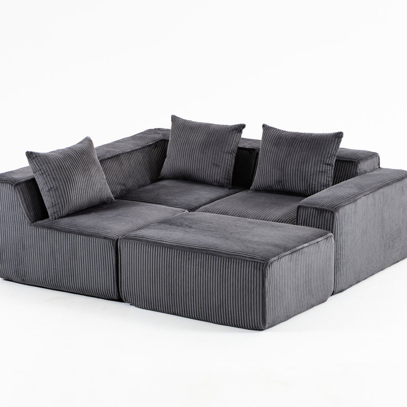 Gris, 4 sièges, mousse souple, velours côtelé, moderne, tout assemblé, sans assemblage, siège principal en velours côtelé avec compression, idéal pour les espaces