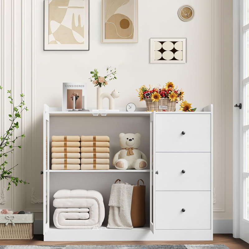 Buffet Cabinet with Storage, 43" Modern Sideboard Kitchen Cabinet with Guardrail Design & Adjustable Shelves, White