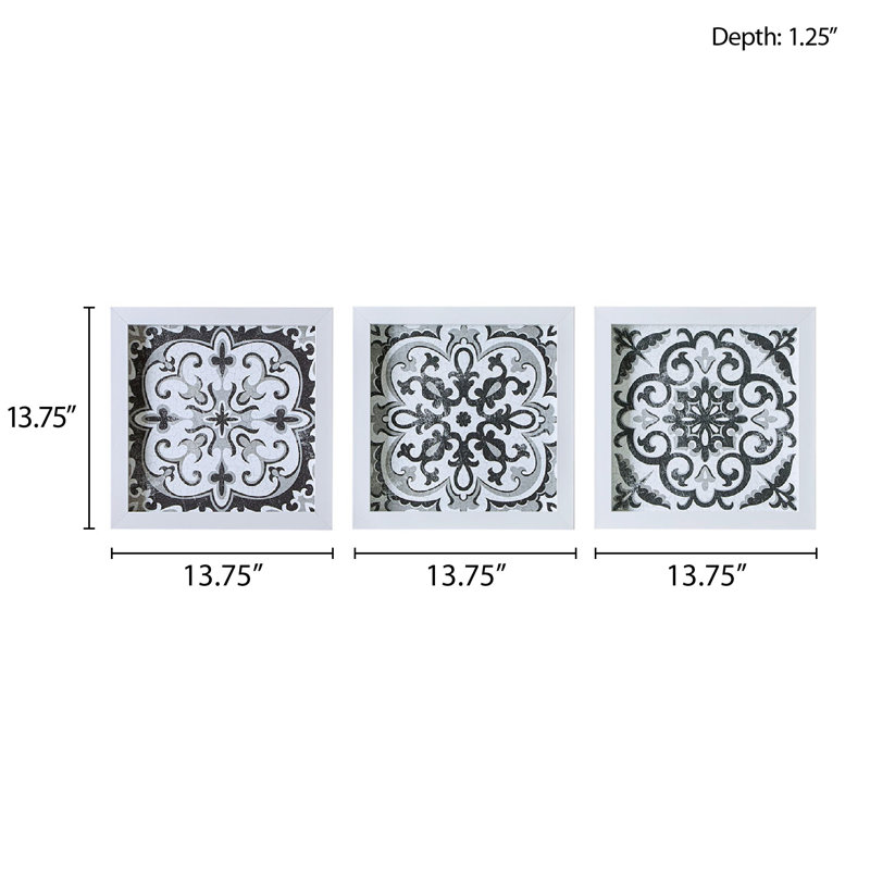 Black and White Medallion Tile 3-Piece Wall Art Set
