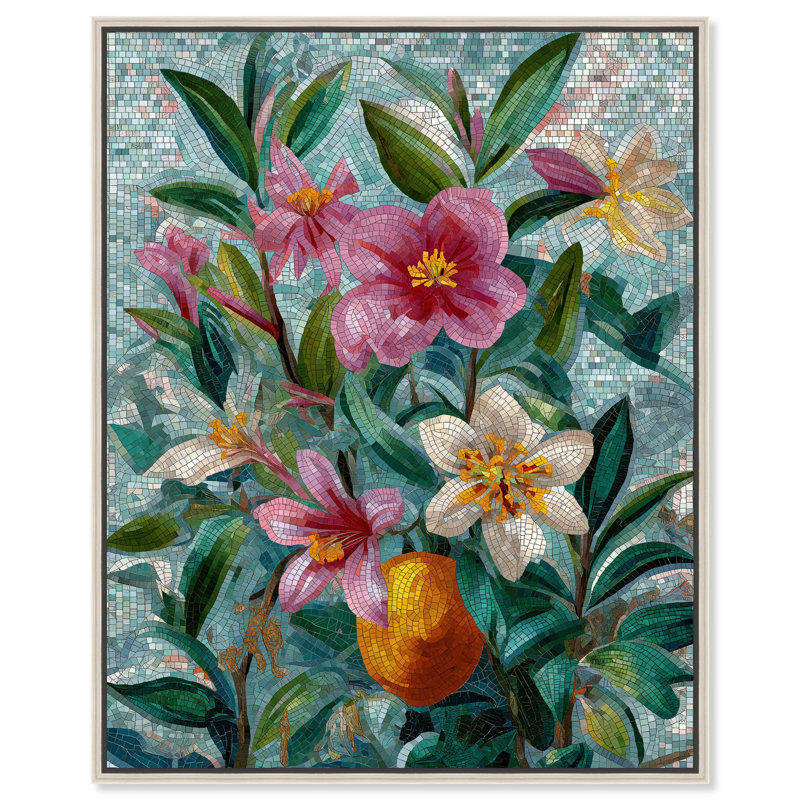 «Tile Garden I Floral Decor» par Art Remedy, H 16 po x l 20 po, Cadre argenté