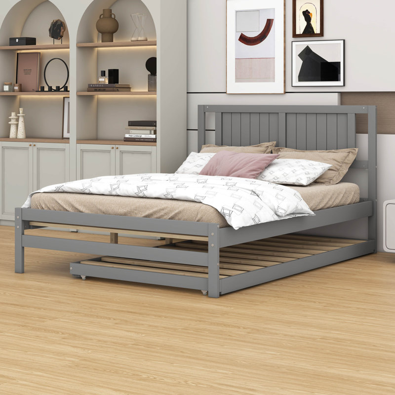 Structure de lit double avec tête de lit, lit double en bois avec lit gigogne réglable, Gris