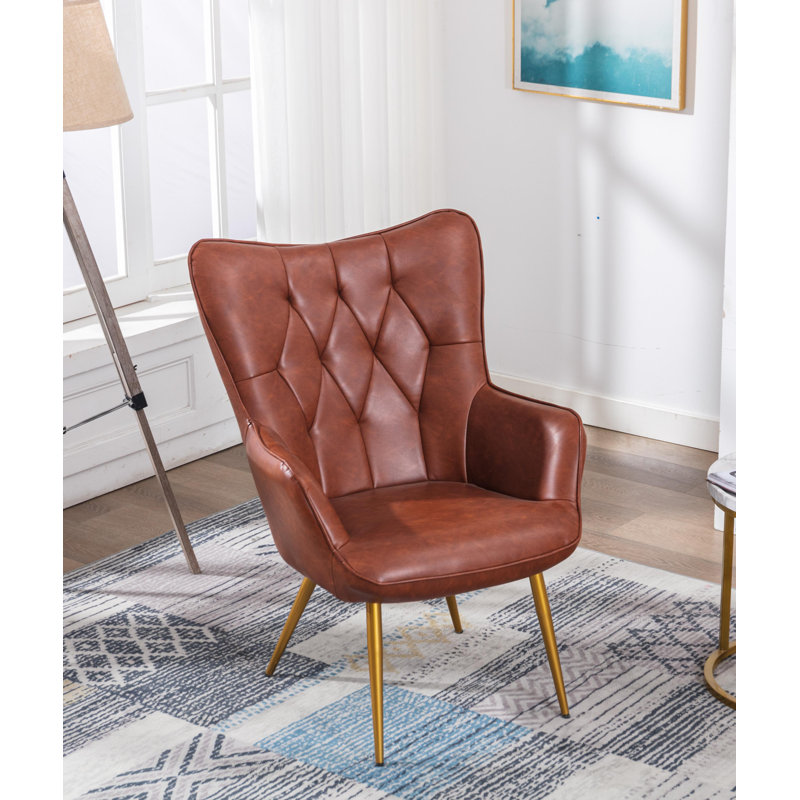 Fauteuil capitonné en cuir avec pieds en métal, Similicuir orange
