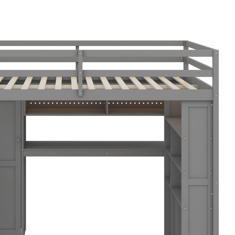 Structure de lit double pleine grandeur avec garde-robe intégrée, bureau d'étude, tablettes de rangement et éclairage ambiant