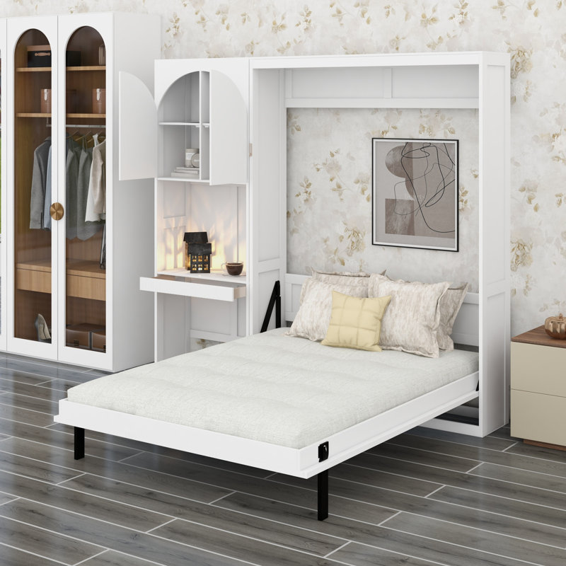 Lit escamotable à rangement multiple avec armoire latérale réversible de gauche à droite, lumières DEL et tiroirs, White
