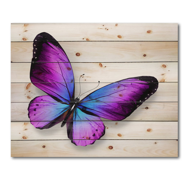 Violet et papillon bleu - reproduction moderne sur bois de pin naturel, H 30 po x l 40 po x P 0,78 po