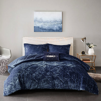 Très grand / très grand édredon en velours bleu marine - Bourre, diamant, comprend les taies décoratives et les oreillers pour la courtepointe
