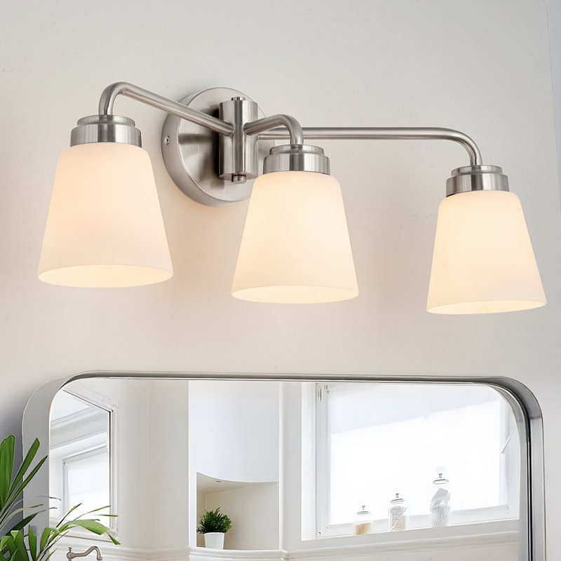 3 Light Bathroom Vanity Light Dimmable With Milk Glass Shades Over Mirror, 3, Brushed Nickel