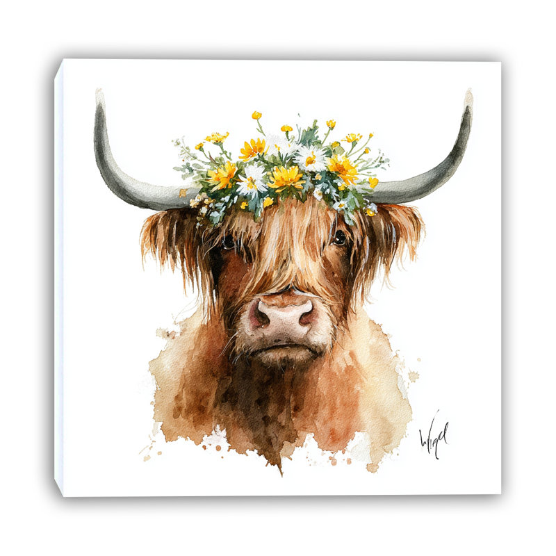 «Floral Crown Highland Cow», art mural sur toile tendue, 20"W x 20"H x 1.5"D
