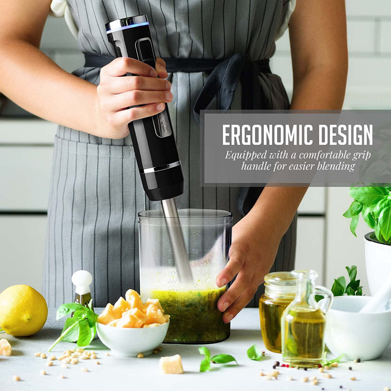 Ovente 8-Speed White Cordless Immersion Hand Blender with Stainless Steel Blades