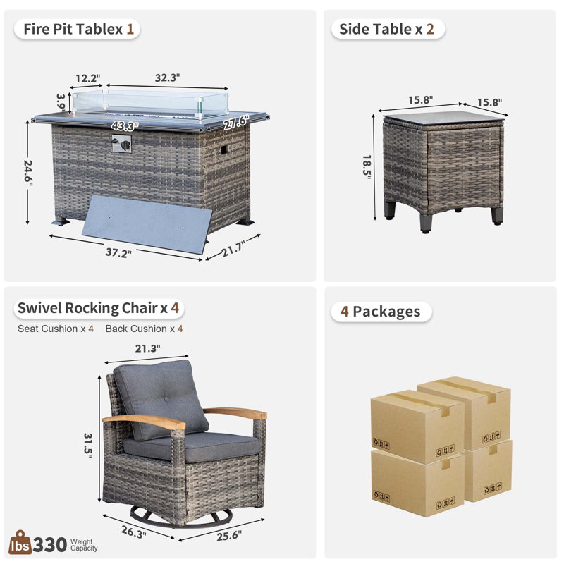  7 Pieces Patio Furniture Sets With Fire Pit Table, Wicker Outdoor Conversation Sets With 4 Swivel Rocker Chairs And Side Table(Grey)