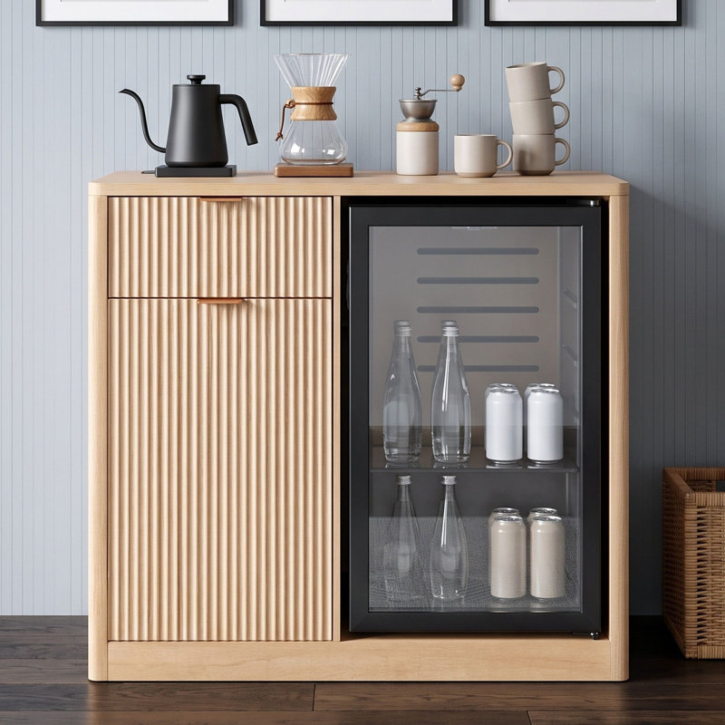 Armoire à café cannelée avec mini espace réfrigérateur et station de charge, buffet avec support à verres à vin, Naturel