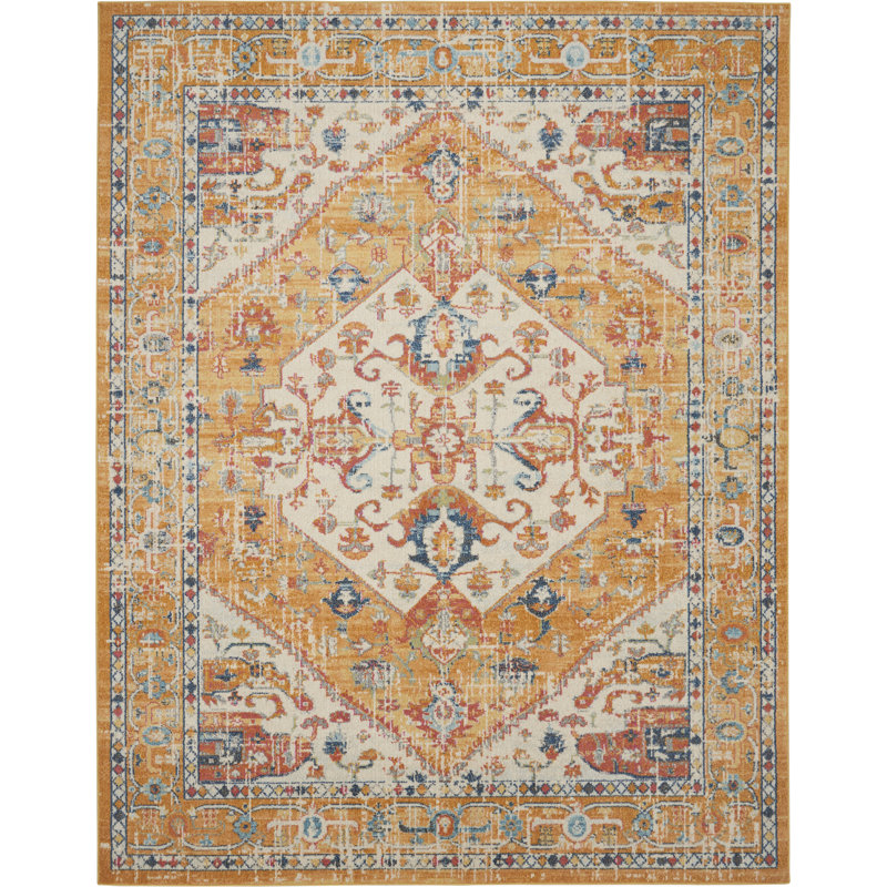 Tapis en polypropylène ivoire / orange tissé à la machine, Rectangle 6 pi 7 po x 9 pi 6 po