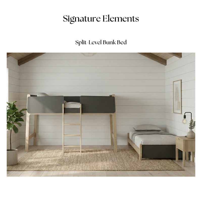 Bustillo Scandinavian Solid Wood Twin Over Twin Bunk Bed With Ladder, Milk Oak/Graphite Up