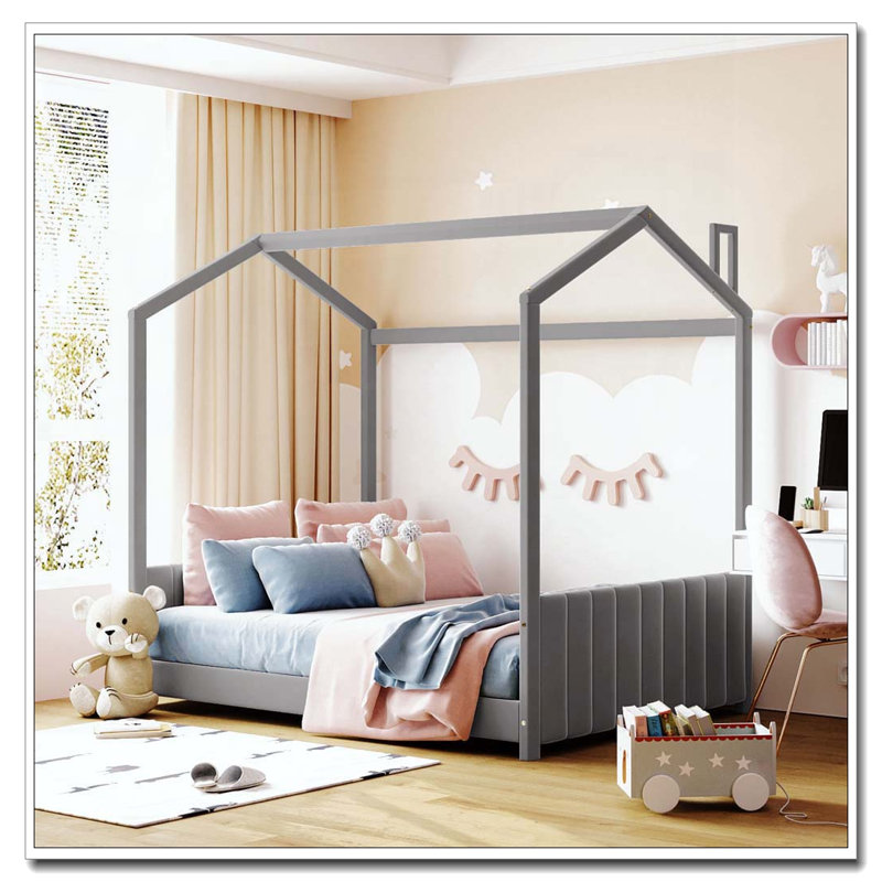 Lit en bois Velvet House, gris, Complète